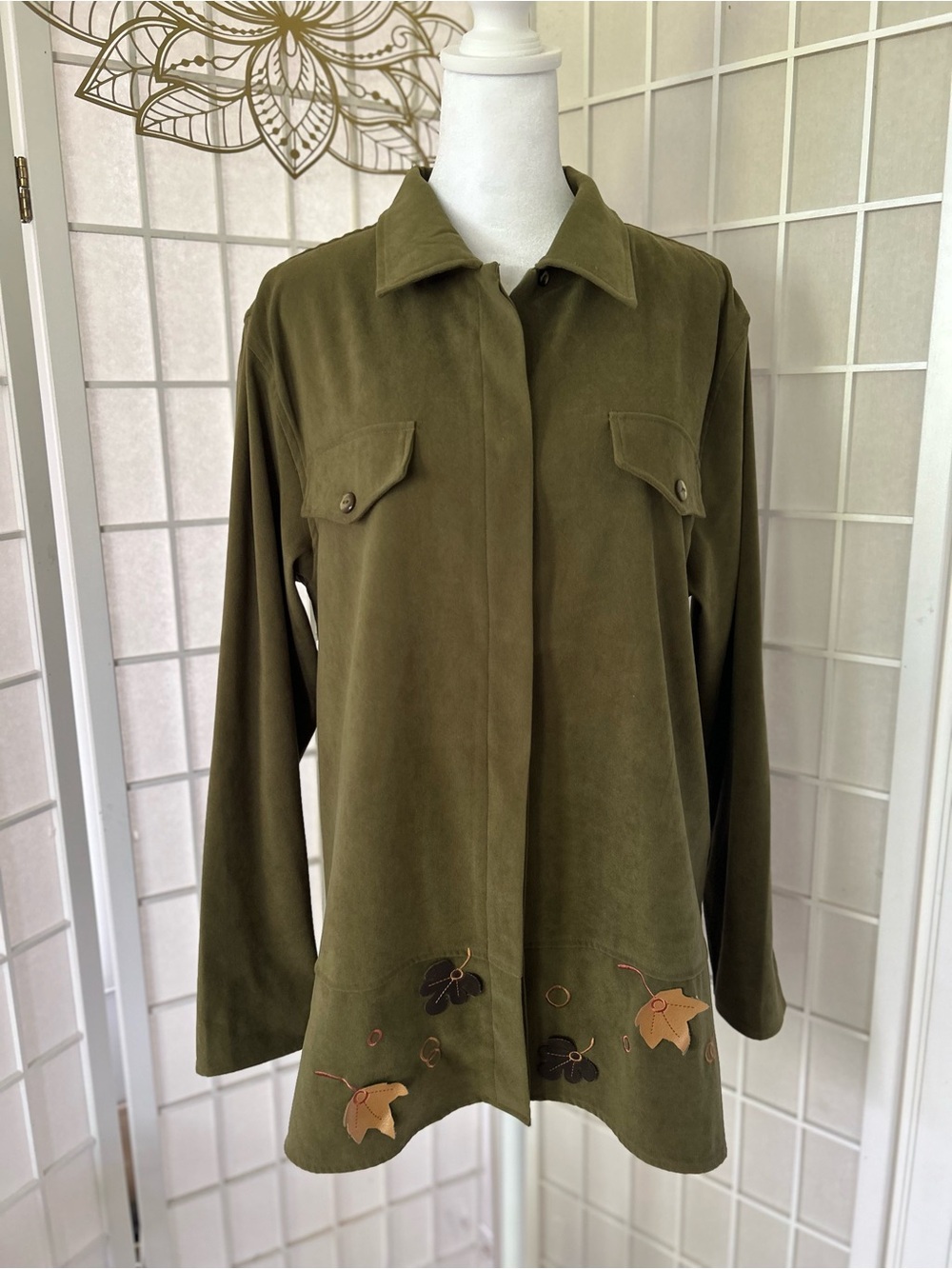 Robert Louis Olive Green Embroidered Button-Front Jacket